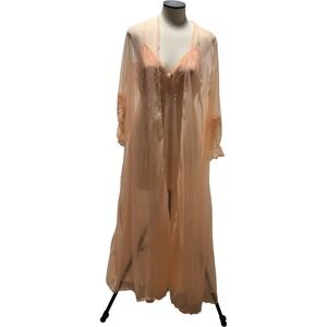 Vintage California Dynasty Peach Sheer Lace Peignoir Set Nightgown Robe Large